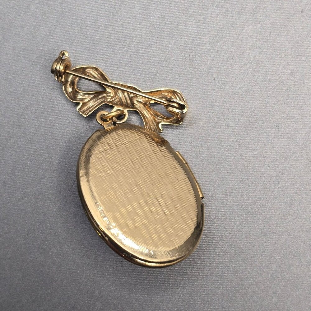 VTG Victorian Revival Gold-Tone Bow & Floral Locket Brooch 1.75" AB Rhinestones - Picture 4 of 11